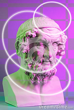 Modern conceptual art poster with ancient statue of bust of Homer. Collage of contemporary art. Stock Photo