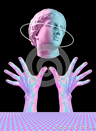 Modern conceptual art poster with ancient statue of bust of Venus and hands. Collage of contemporary art. Stock Photo