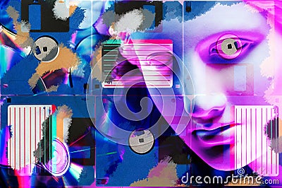 Modern conceptual art poster with face ancient statue and floppy disc. Collage of contemporary art. Stock Photo