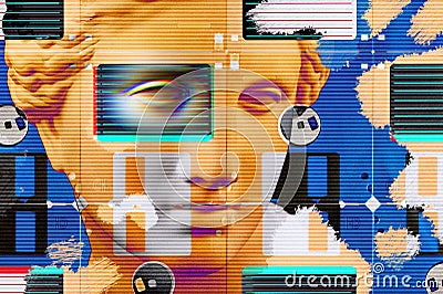 Modern conceptual art poster with face ancient statue and floppy disc. Collage of contemporary art. Stock Photo