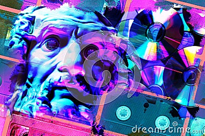 Modern conceptual art poster with face ancient statue and vhs cassete. Collage of contemporary art. Stock Photo