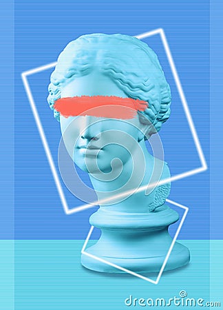 Modern conceptual art poster with green blue colorful antique Venus bust. Contemporary art collage. Stock Photo