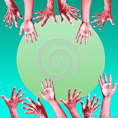 Modern conceptual art poster with a hands in a surrealism style. Contemporary art collage. Stock Photo