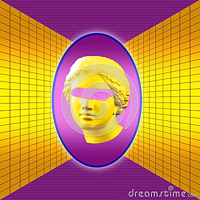 Modern conceptual art poster with yellow purple colorful antique Venus bust. Contemporary art collage. Stock Photo