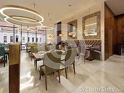 The modern conceptual interior design of the restaurant is in co Stock Photo