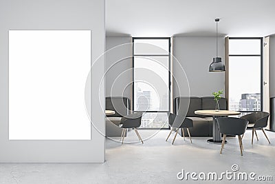 Modern concrete cafe interior with empty mock up poster on wall, furniture and bright city view. Dine in concept. Stock Photo