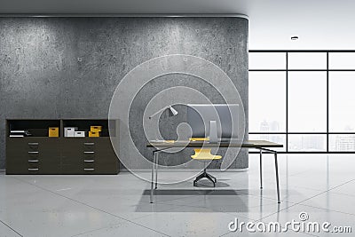 Modern concrete office interior with desktop and computer, other pieces of furniture and objects, window with city view. 3D Stock Photo