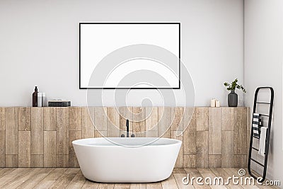 Modern concrete and wooden luxury bathroom interior with empty mock up poster and various objects. Hotel and luxury home concept. Stock Photo