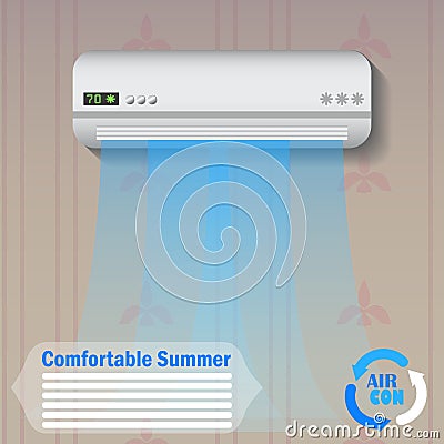 Modern conditioner with cold air flow at home vector illustration, advertisement banner template or background. Vector Illustration