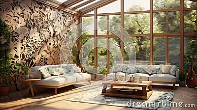 A modern conservatory with a 3D botanical garden wall pattern Stock Photo