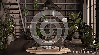 Modern conservatory, winter garden, gray interior design, lounge with rattan armchair and table. Mezzanine with iron staircase, Stock Photo