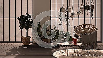 Modern conservatory, winter garden, white and gray interior design, lounge with rattan armchair and table. Industrial romantic Stock Photo
