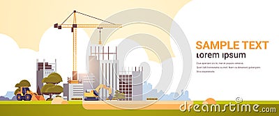 Modern construction site with cranes tractor and bulldozer unfinished building exterior sunset background flat Vector Illustration