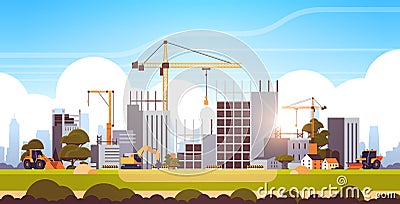 Modern construction site with cranes tractor and bulldozer unfinished building exterior sunset background flat Vector Illustration