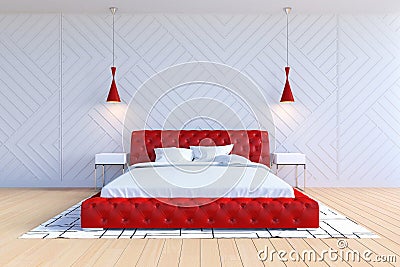 Modern contemporary bedroom interior in white and red color Stock Photo
