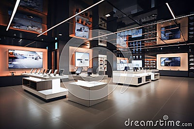 Modern Contemporary Interior of Consumer Electronics Store with a Sleek Design and a Futuristic Vibe. Generative AI Stock Photo