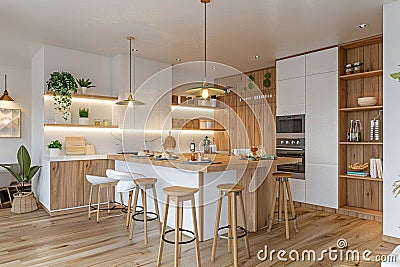 Modern contemporary kitchen white and wood interior design Stock Photo
