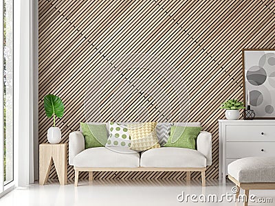 Modern contemporary living room with wood lattice 3d rendering image Stock Photo