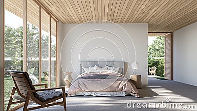 Modern contemporary loft bedroom with open door to garden 3d render Stock Photo