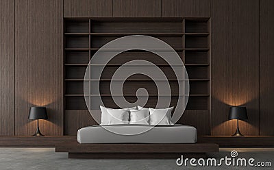 Modern contemporary loft bedroom with wood wall 3d render Stock Photo