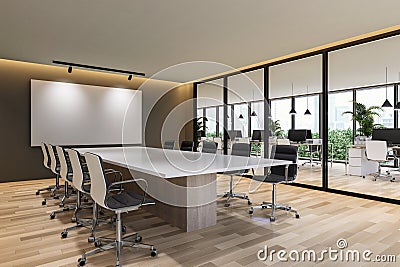 Modern contemporary meeting room interior with city view 3d render overlooking office working area behind Stock Photo