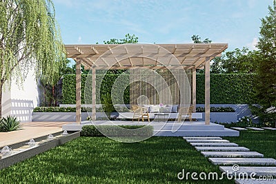 Modern contemporary style green garden with wooden pavilion 3d render Stock Photo