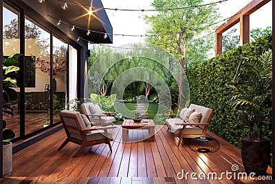 Modern contemporary style small wooden terrace with garden view 3d render Stock Photo