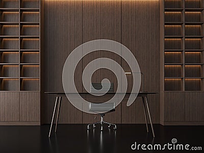 Modern contemporary working room with wood wall 3d render Stock Photo