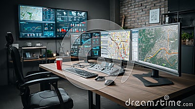 Modern Control Center with Multiple Monitors Displaying Cyber Data and Maps Stock Photo