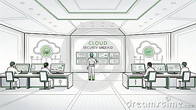 modern control room with multiple workstations monitoring cloud security. atmosphere is focused and high tech, showcasing advanced Stock Photo