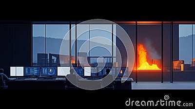 Modern control room oversees smelting process. Operators monitor screens showing furnace temps, ore processing data. Workshop Stock Photo