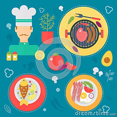 Modern cooking love flat concept. Kitchen tools, food dish and cooking infographics design, web elements, poster banners Vector Illustration