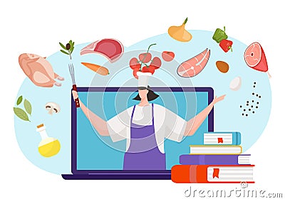 Modern cooking online course woman professional teach cooking skill, remote web study flat vector illustration, isolated Vector Illustration