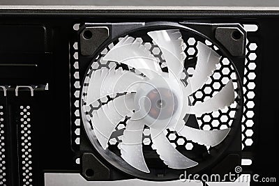 A modern cooler for cooling the computer system unit. View from inside the computer. Photo Stock Photo