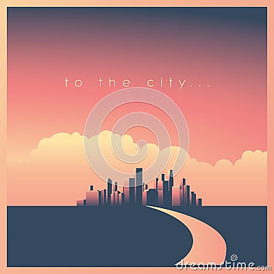 Modern corporate cityscape or skyline background with skyscrapers in sunset and road leading to rich, wealthy downtown Vector Illustration