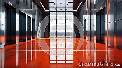 Modern Corporate Office Lobby with Orange Floor and Elevators, Generative AI Stock Photo