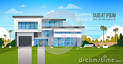 Modern Cottage House Exterior, Villa Building Banner with Copy Space Vector Illustration