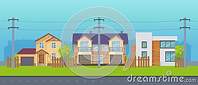 Modern cottage village, multi-colored country houses, hotels and pensions. Vector Illustration