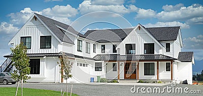 Modern Home Exterior Farmhouse Maison House White Cumulus Clouds Sky Background Stock Photo