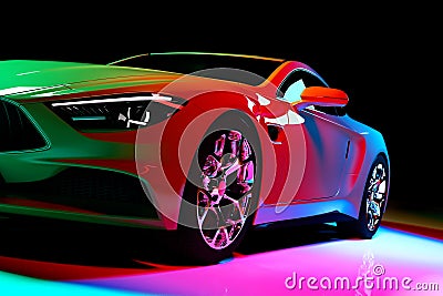 Modern coupe car in colorful spotlights Cartoon Illustration