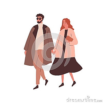 Modern couple holding hands and walking. Stylish girlfriend and boyfriend stroll outdoors. Young trendy family spend Vector Illustration