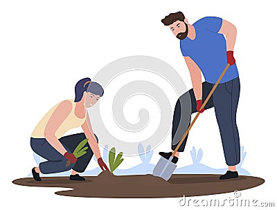 Modern couple planting beds at garden vector flat seasonal agricultural farm rural occupation Vector Illustration