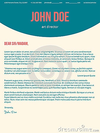 Modern cover letter cv resume in turquoise red colors Vector Illustration