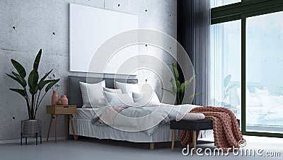 The modern cozy bedroom interior design for work from home and social distacing and concrete background and sea view Stock Photo