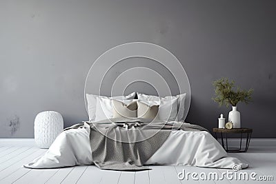 Modern cozy gray bedroom. Creative design interior. Generative AI. Stock Photo