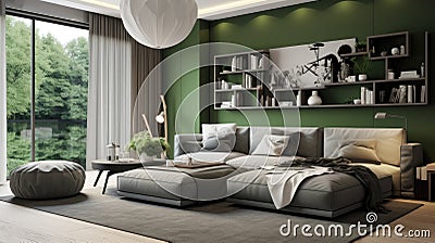 Modern cozy living room interior design with stylish sofa, coffee table, green plants, flowers, vases, poster, and decoration in a Stock Photo