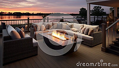 Modern cozy outdoor patio with fireplace, sofas in the carefully landscaped garden of a country house Stock Photo