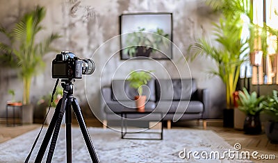 A modern and cozy photo studio with daylight, a professional camera on a tripod, green plants and minimalistic furniture Stock Photo