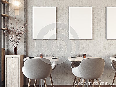 Modern cozy restaurant interior with blank picture frames. 3d rendering Stock Photo