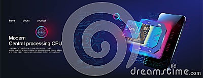 Modern CPU illustration. Computer processor. Futuristic microprocessor with mobile phone. New generation digital chip with HUD ele Vector Illustration